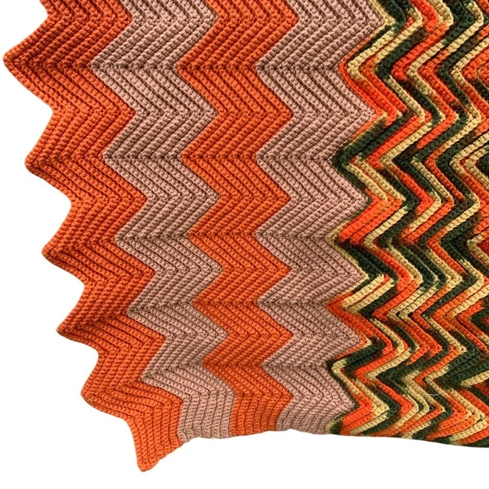 Vintage Afghan Throw Blanket Crochet Square Zig Zag Ripple Chevron 85” x 50”